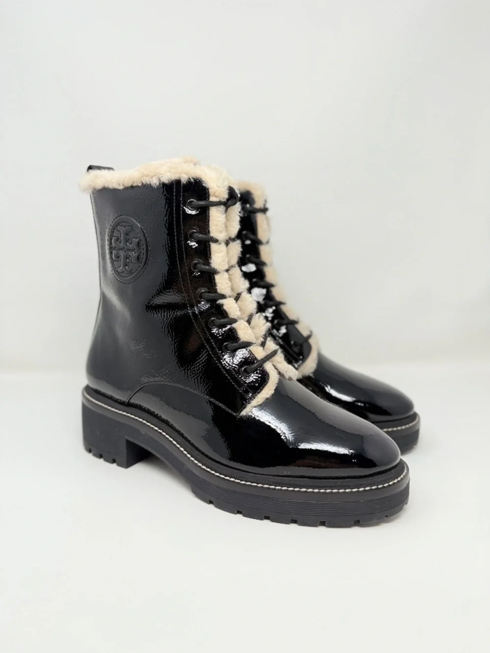New Tory Burch Miller Lug Sole Shearling Bootie Black Sz 9.5